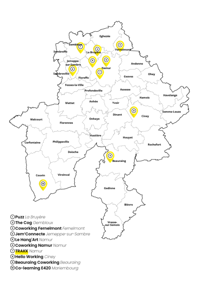 carte espace coworking colearning namur province belgique